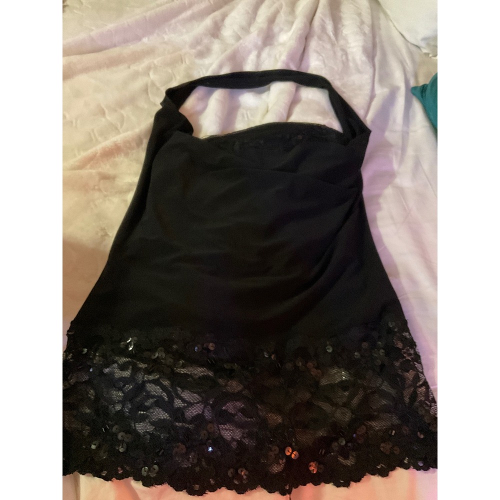 Lipstick Black Halter Top Cowl Neck Sequin Lace Trim Evening Blouse